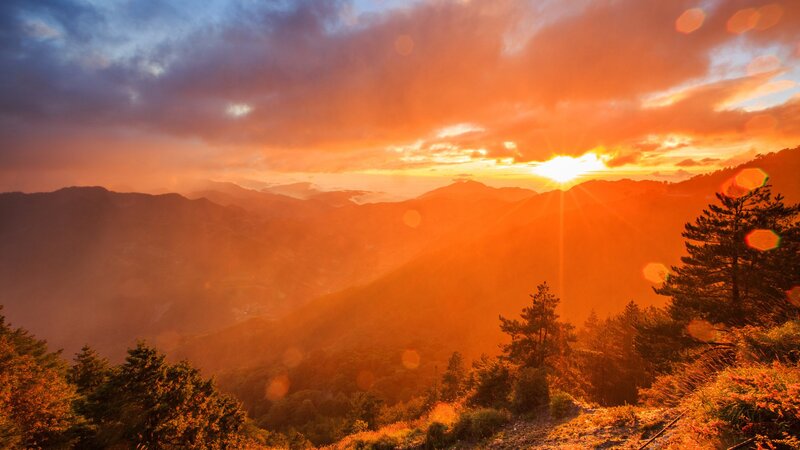 Sunrise over Mountain Range — Orange, Dramatic