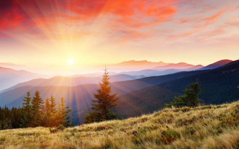 Sunrise over Mountain Range — Orange, Serene, Photograph, Trees
