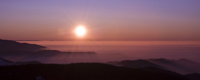 Sunrise over Mountain Range — Purple, Serene, Photograph, Mountains, Fog