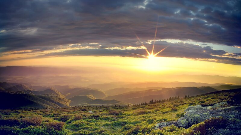 Sunrise over Mountain Range — Yellow, Dramatic, Photograph, Mountains, Sky, Sun
