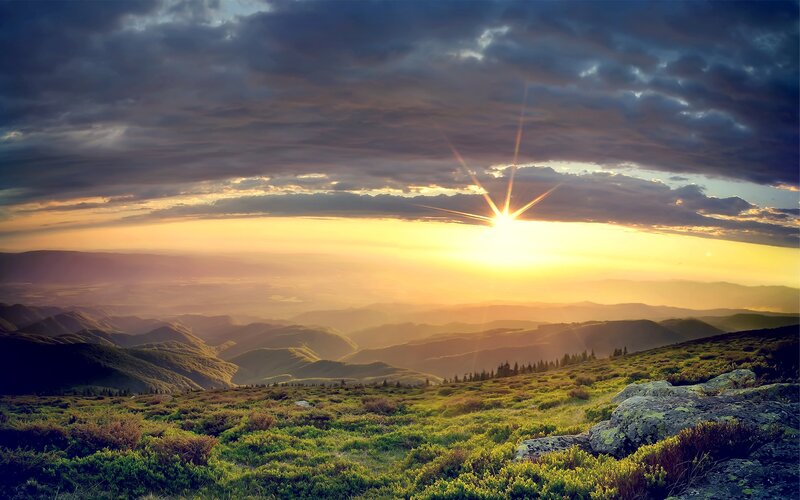 Sunrise over Mountain Range — Yellow, Dramatic, Photograph, Mountains