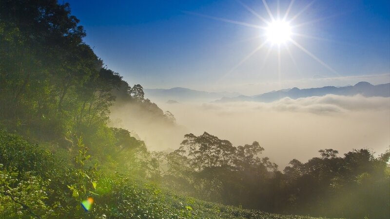 Sunrise over Mountain Valley — Blue, Serene, Morning, Photograph, Sun, Clouds, Mountains