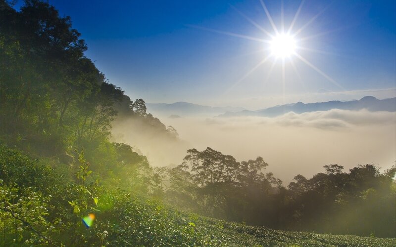 Sunrise over Mountain Valley — Blue, Serene, Morning, Photograph, Sun, Clouds