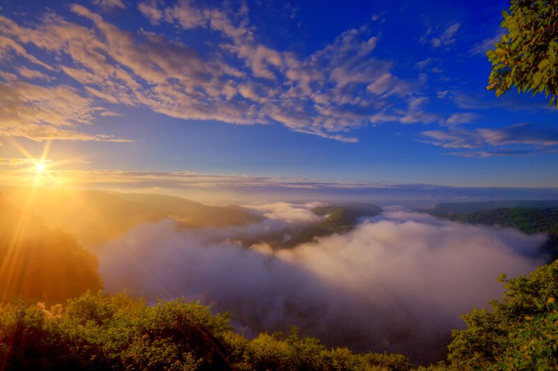 Sunrise over Mountain Valley — Blue, Serene, Photograph
