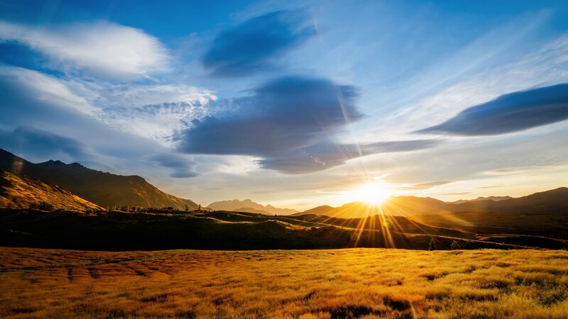 Sunrise over Mountain Valley — Blue, Serene, Sunset