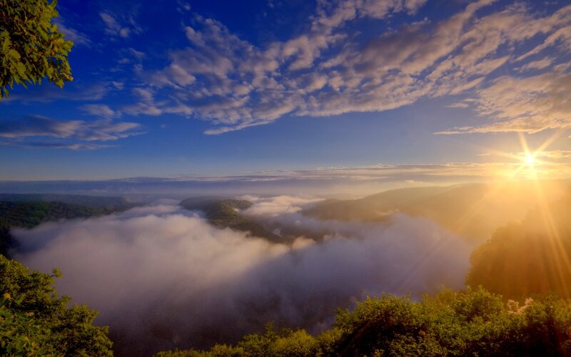 Sunrise over Mountain Valley — Blue, Serene