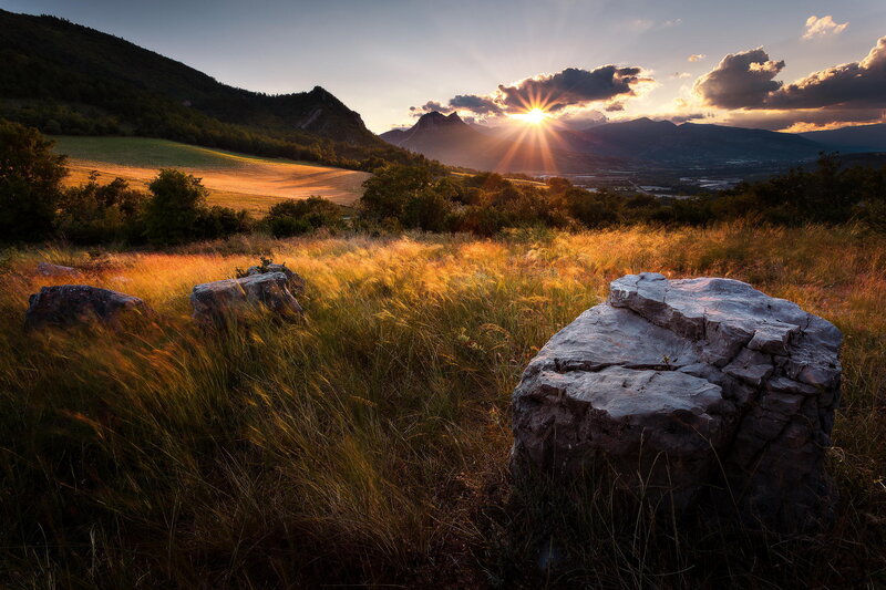 Sunrise over Mountain Valley — Gold, Serene, Photograph