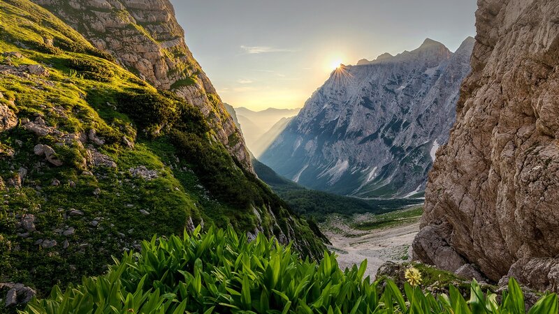 Sunrise over Mountain Valley — Green, Serene, Photograph, Mountains, Plants