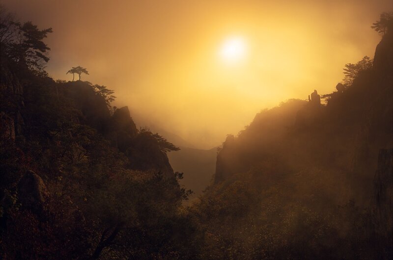 Sunrise over Mountain Valley — Yellow, Serene