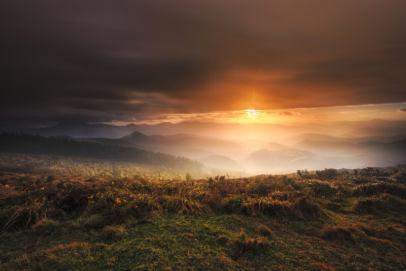 Sunrise over Mountain Valleys — Orange, Dramatic