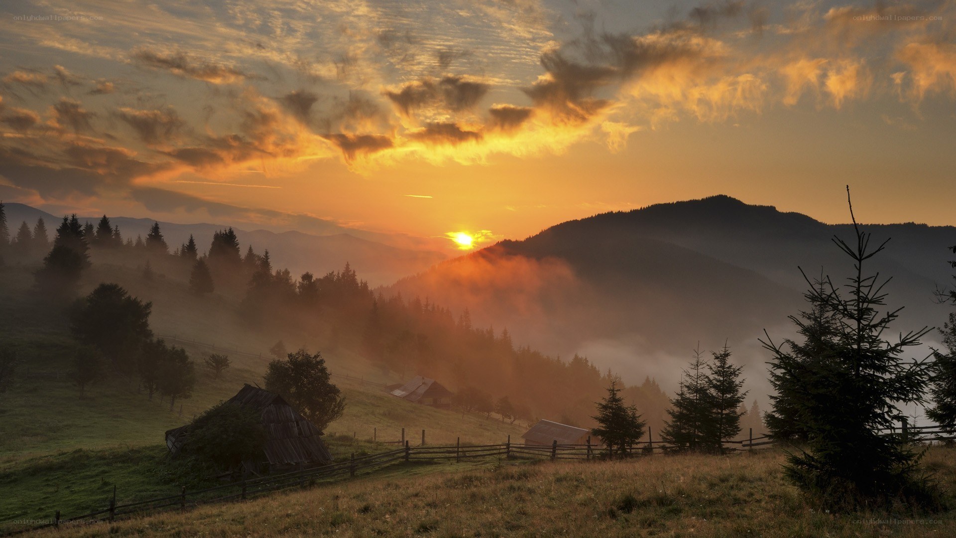 Sunrise over mountain village