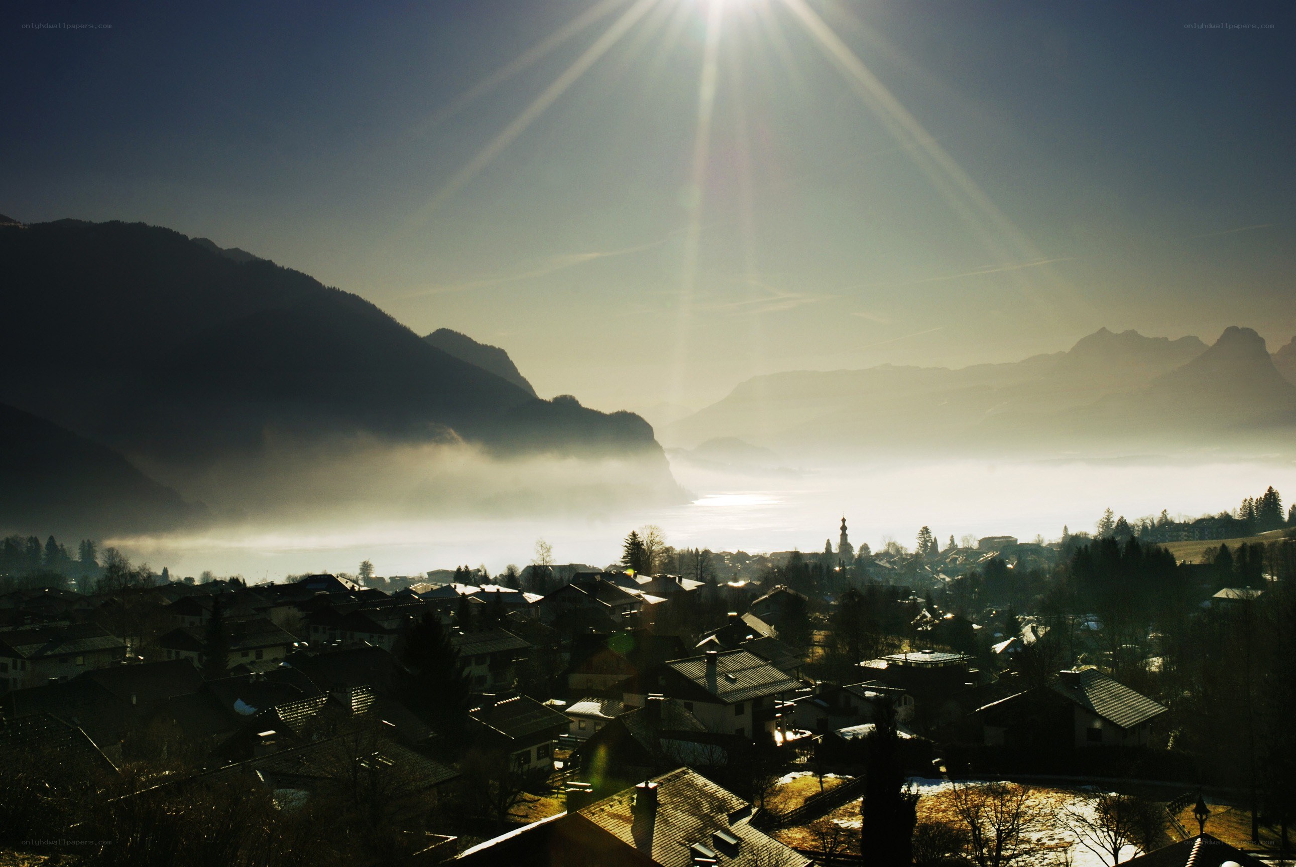 Sunrise over mountain village