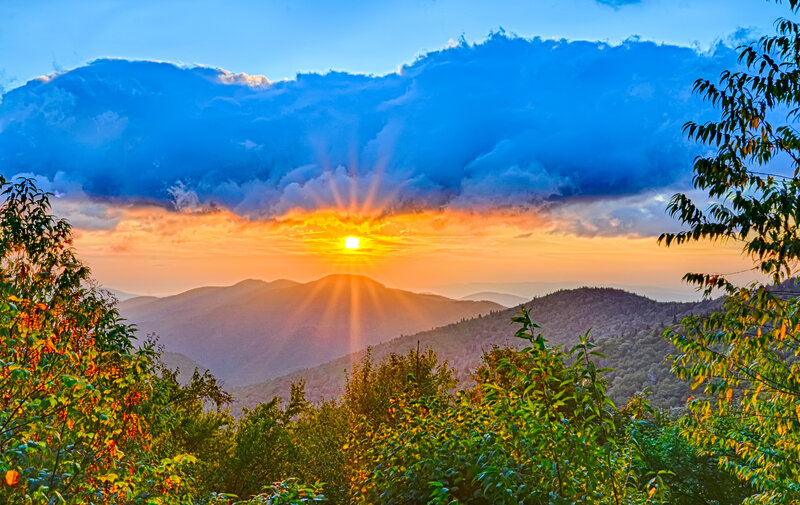 Sunrise over Mountains — Blue, Dramatic, Photograph, Clouds, Trees