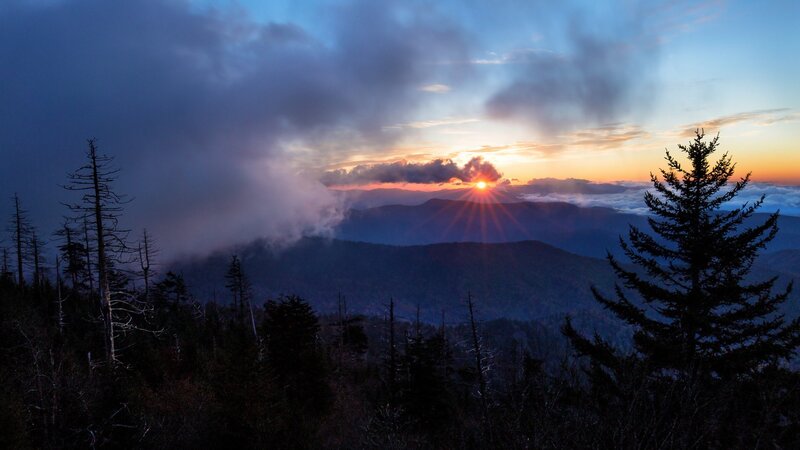 Sunrise over Mountains — Blue, Dramatic, Photograph, Trees, Clouds