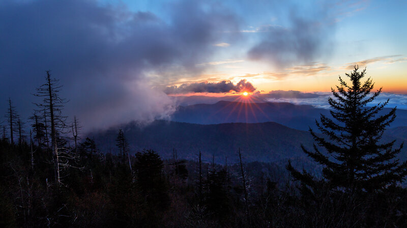 Sunrise over Mountains — Blue, Dramatic, Photograph, Trees