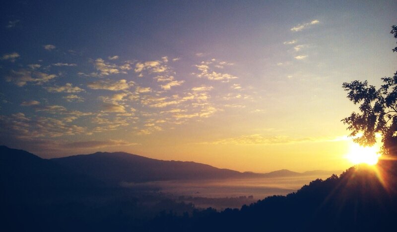 Sunrise over Mountains — Blue, Serene, Photograph, Clouds, Tree
