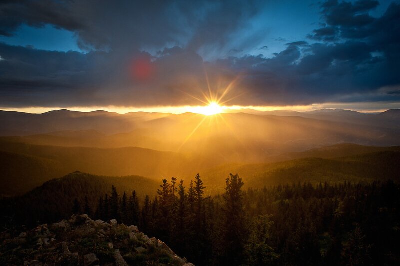 Sunrise over Mountains — Gold, Dramatic, Photograph, Forest