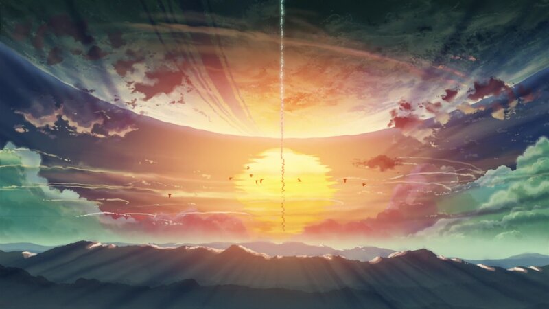 Sunrise over Mountains — Orange, Dramatic, Anime, Clouds, Birds