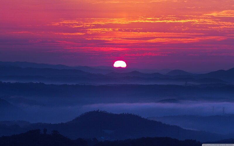 Sunrise over Mountains — Purple, Serene, Photograph, Fog
