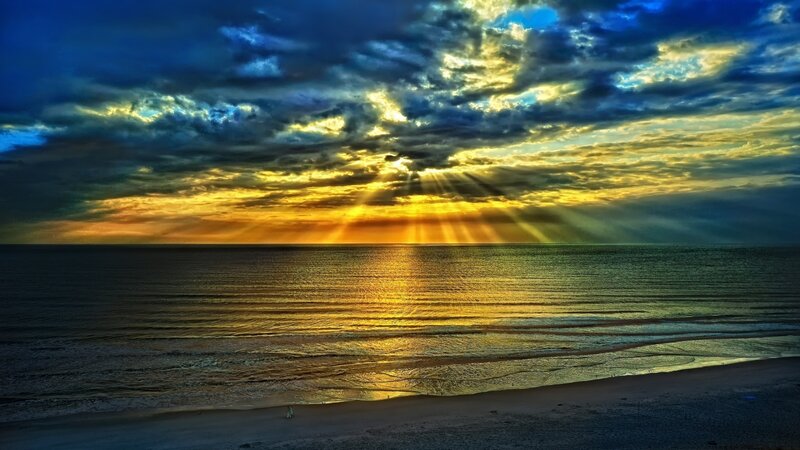 Sunrise over Ocean — Blue, Dramatic, Photograph, Clouds, Beach, Rays