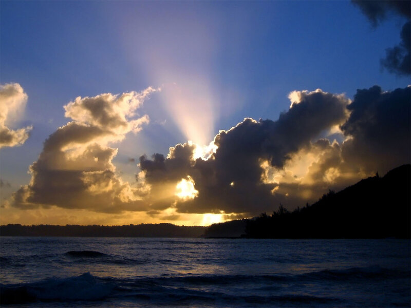 Sunrise over Ocean — Blue, Dramatic, Photograph, Clouds, Mountain, Sea
