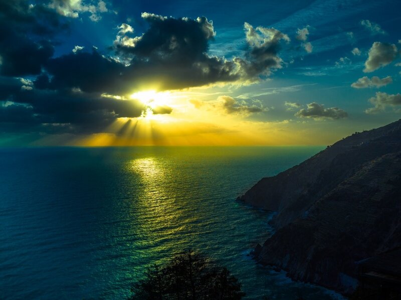 Sunrise over Ocean — Blue, Dramatic, Photograph, Clouds, Mountain