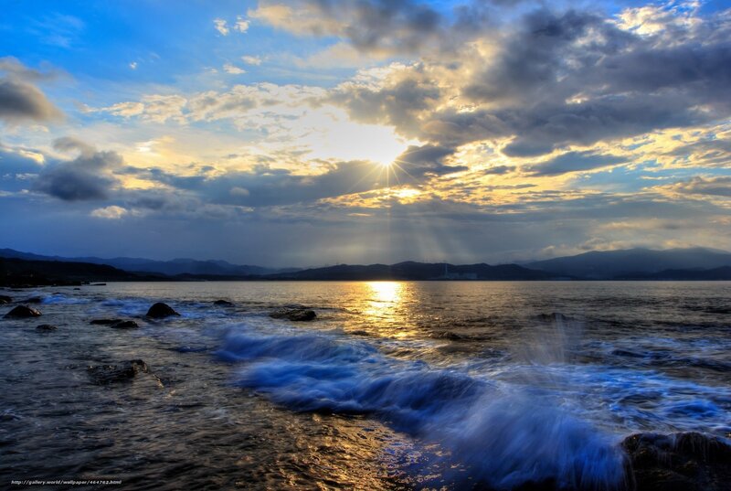 Sunrise over Ocean — Blue, Dramatic, Photograph, Clouds, Mountains