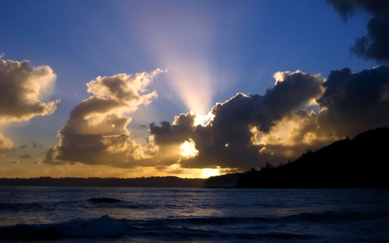 Sunrise over Ocean — Blue, Dramatic, Photograph, Clouds, Sea, Mountain