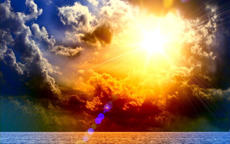 Sunrise over Ocean — Blue, Dramatic, Photograph, Clouds, Sun
