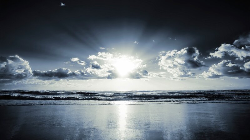 Sunrise over Ocean — Blue, Dramatic, Photograph, Clouds, Waves, Beach