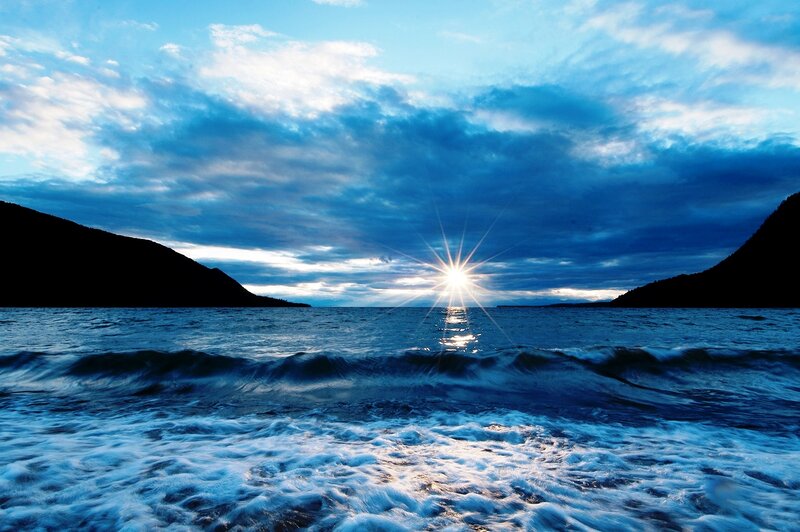 Sunrise over Ocean — Blue, Dramatic, Photograph, Mountains