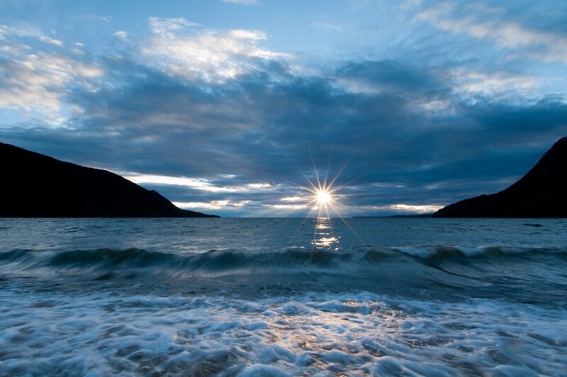 Sunrise over Ocean — Blue, Dramatic, Photograph, Mountains, Waves, Sky