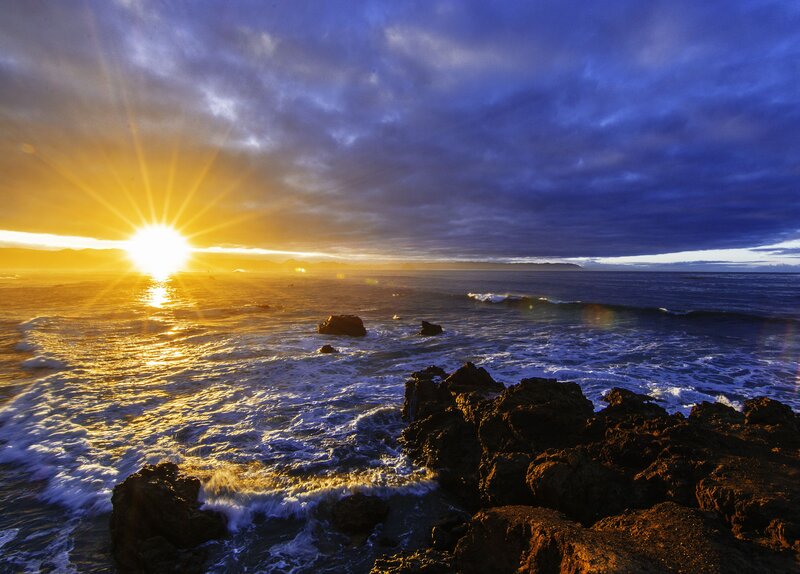 Sunrise over Ocean — Blue, Dramatic, Photograph, Rocks