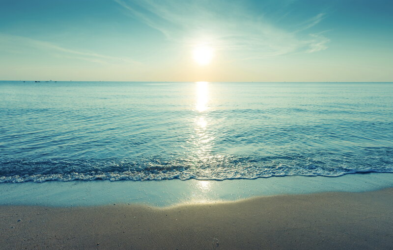 Sunrise over Ocean — Blue, Serene, Photograph, Sand