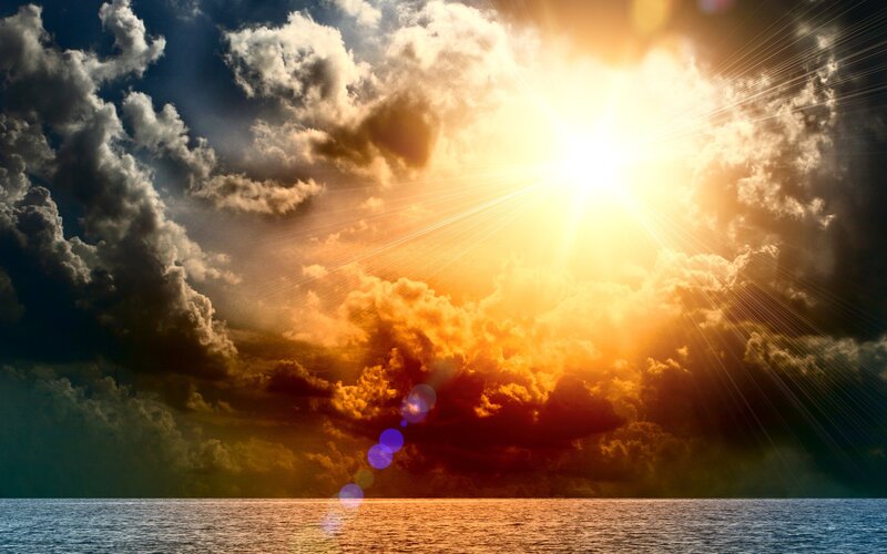 Sunrise over Ocean — Orange, Dramatic, Photograph, Clouds, Sun, Sea