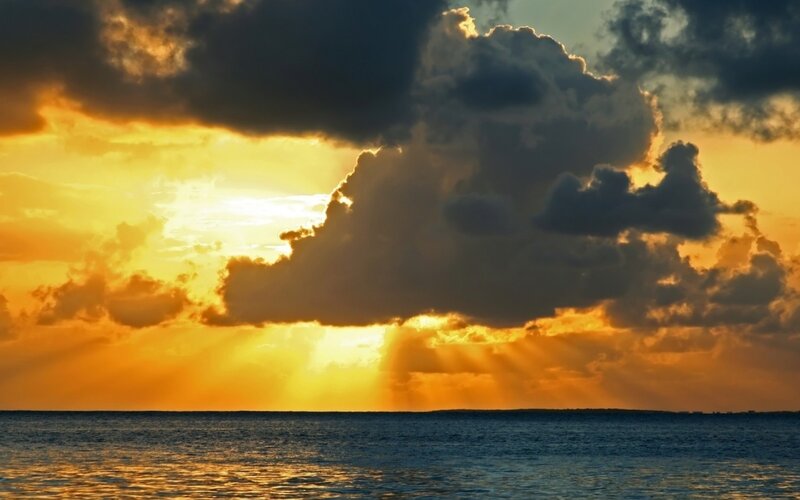 Sunrise over Ocean — Orange, Dramatic, Photograph, Clouds, Sunlight, Sea, Yellow