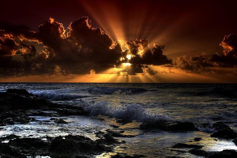 Sunrise over Ocean — Orange, Dramatic, Photograph, Clouds, Waves