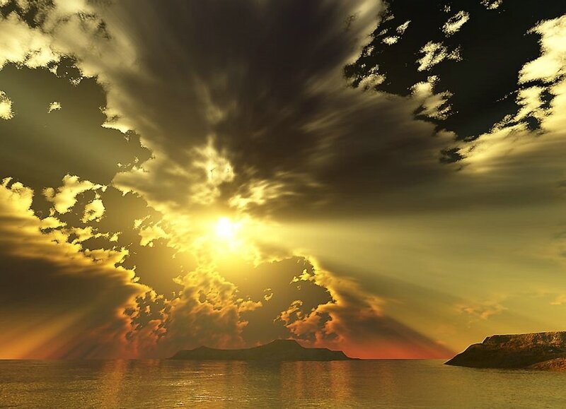 Sunrise over Ocean — Yellow, Dramatic, Digital Art, Clouds