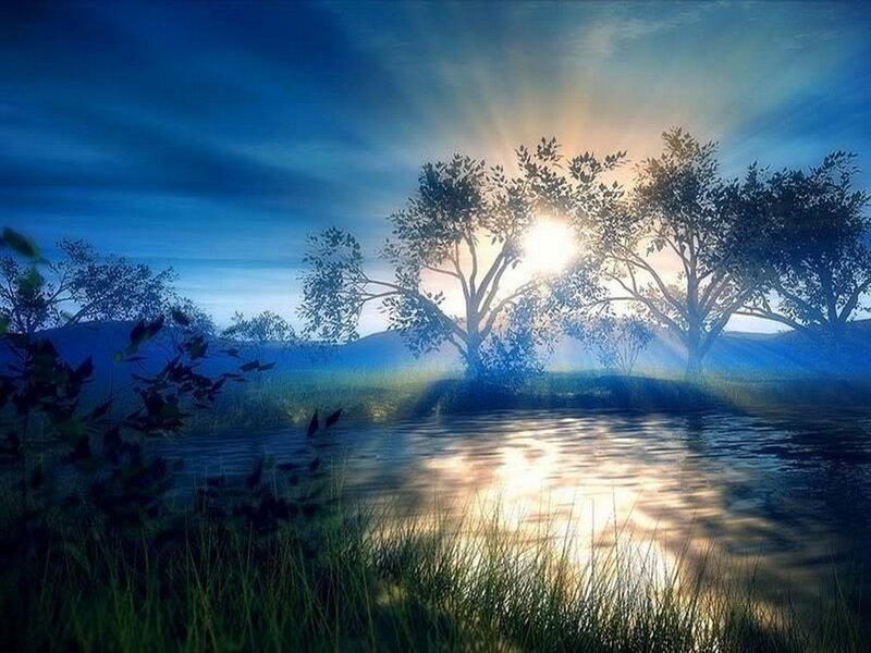 Sunrise over River — Blue, Serene, Digital Art