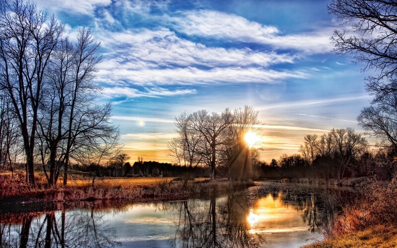 Sunrise over River — Blue, Serene, Sunset