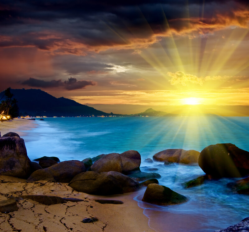 Sunrise over Rocky Beach — Blue, Dramatic