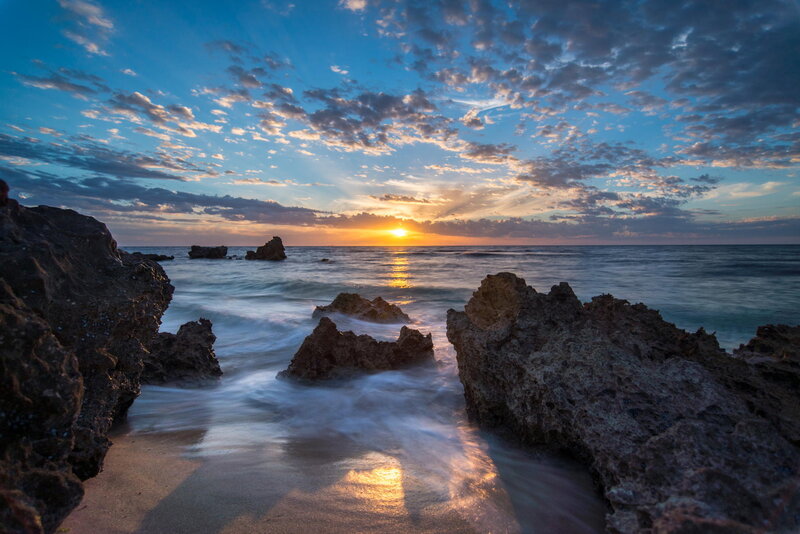 Sunrise over Rocky Beach — Blue, Serene