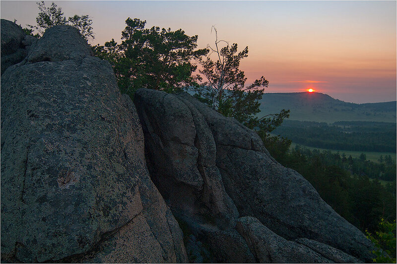 Sunrise over Rocky Hill — Orange, Serene, Photograph, Rocks