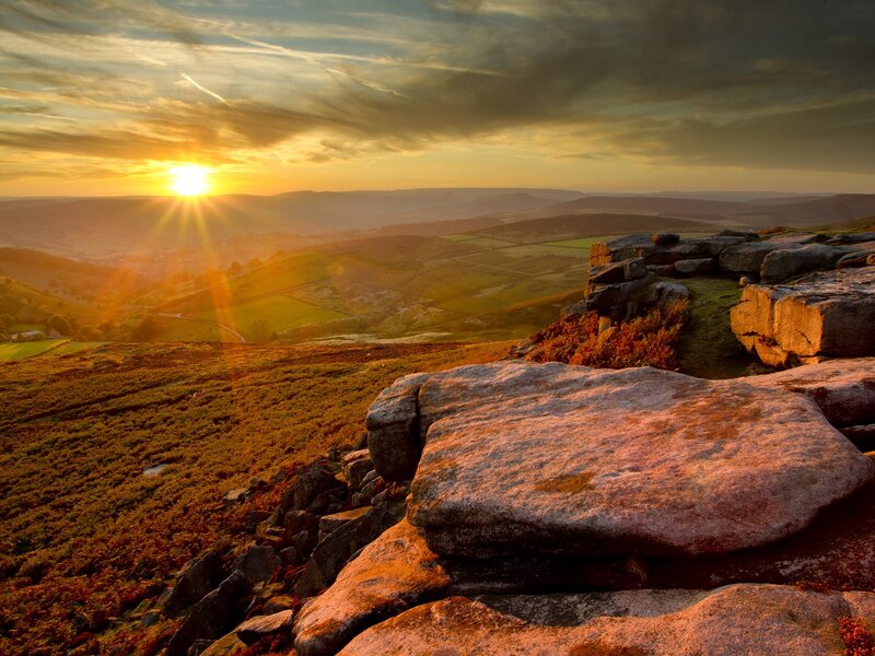 Sunrise over Rocky Hills — Orange, Serene, Sunset, Photograph, Sun