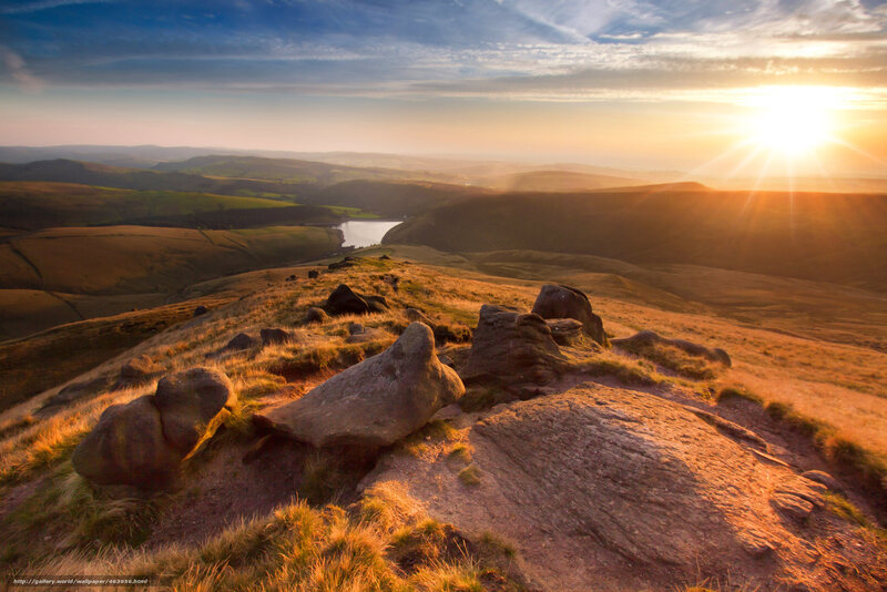 Sunrise over Rocky Hills — Orange, Serene, Sunset, Photograph