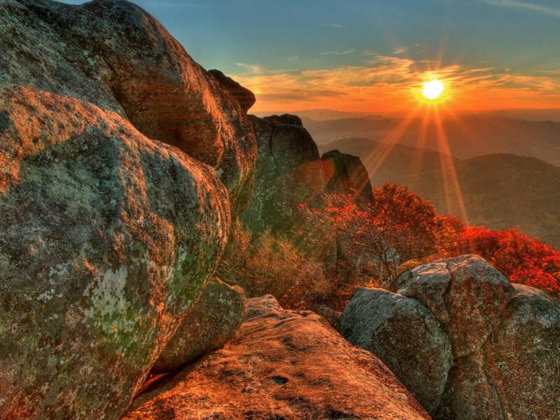Sunrise over Rocky Peak — Orange, Dramatic, Sunset, Photograph, Rocks, Trees