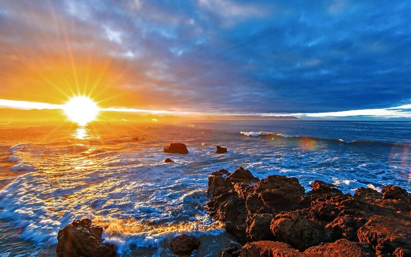 Sunrise over Rocky Shore — Blue, Dramatic, Photograph, Ocean