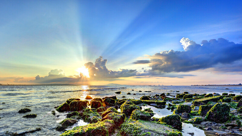 Sunrise over Rocky Shore — Blue, Serene
