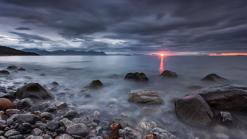 Sunrise over Rocky Shore — Gray