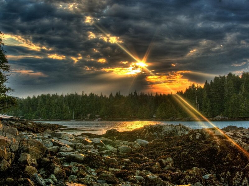 Sunrise over Rocky Shore — Orange, Dramatic, Photograph, Clouds